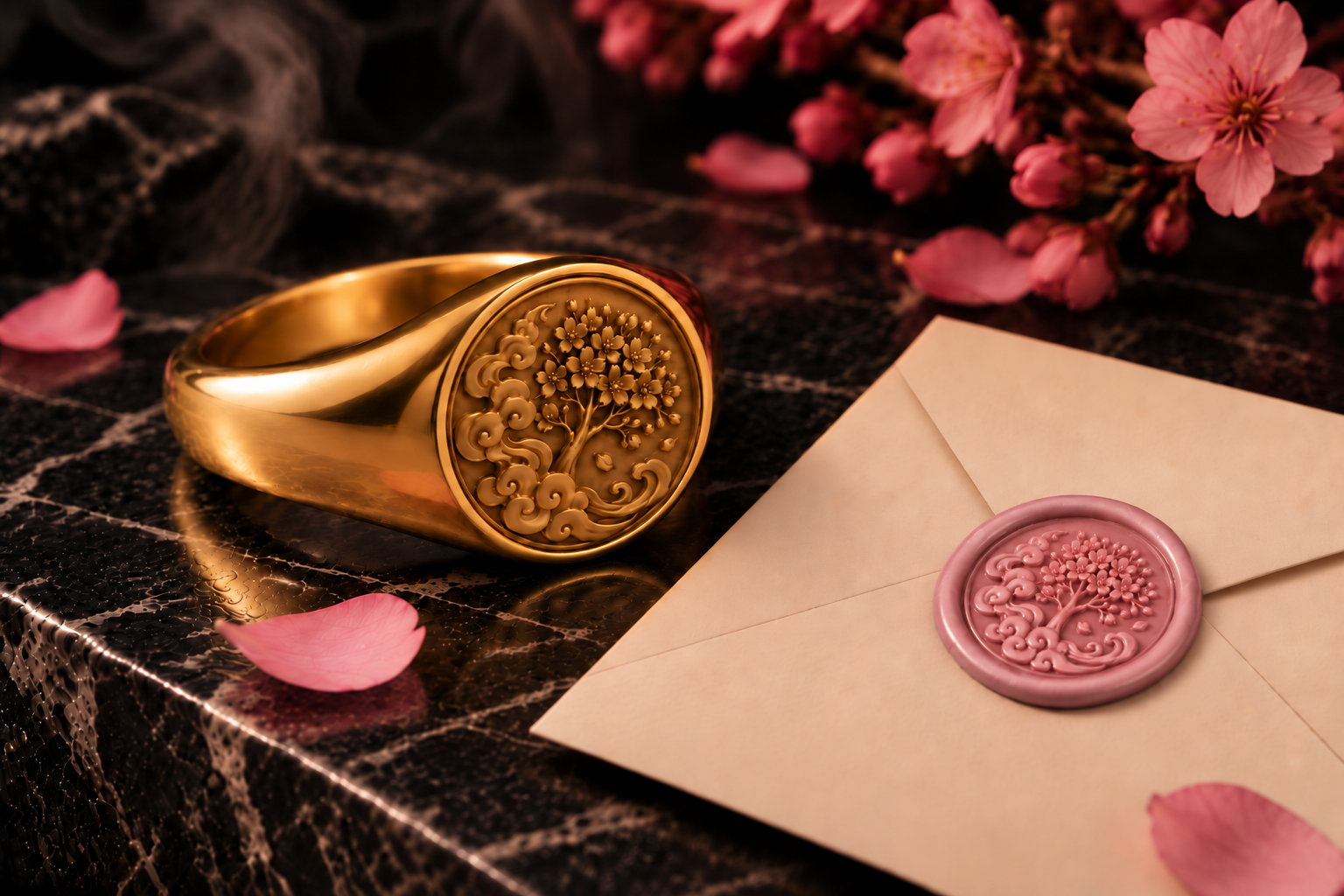 Gold-plated brass signet ring with the Countercurse cherry tree emblem, shown on marble, beside a wax-sealed envelope, and in a velvet jewelry box — view 2