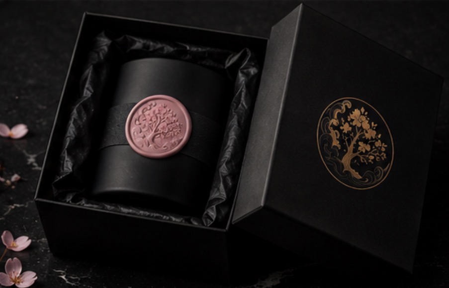 Black Cherry Blossom & Smoke candle with a blush cherry tree emblem, shown alongside its coordinating Countercurse gift box — view 3