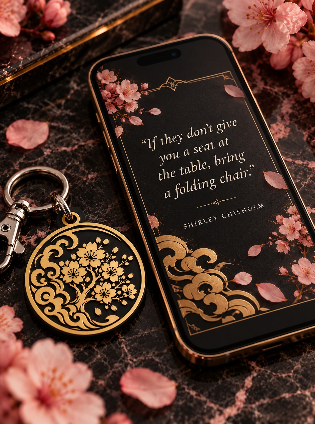 Round Countercurse emblem keychain with a cherry tree design, in black with a gold emblem, on dark marble with cherry blossoms; and beside a phone showing today's message, a Shirley Chisholm quote about bringing a folding chair — view 2