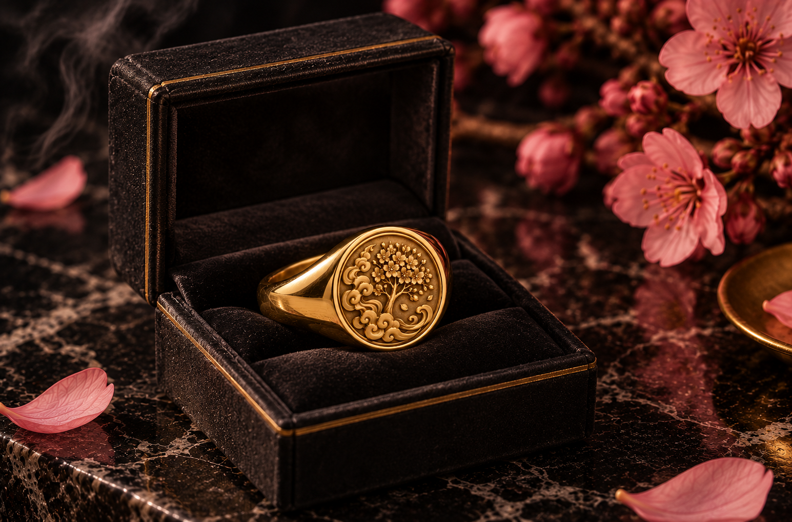 Gold-plated brass signet ring with the Countercurse cherry tree emblem, shown on marble, beside a wax-sealed envelope, and in a velvet jewelry box — view 3