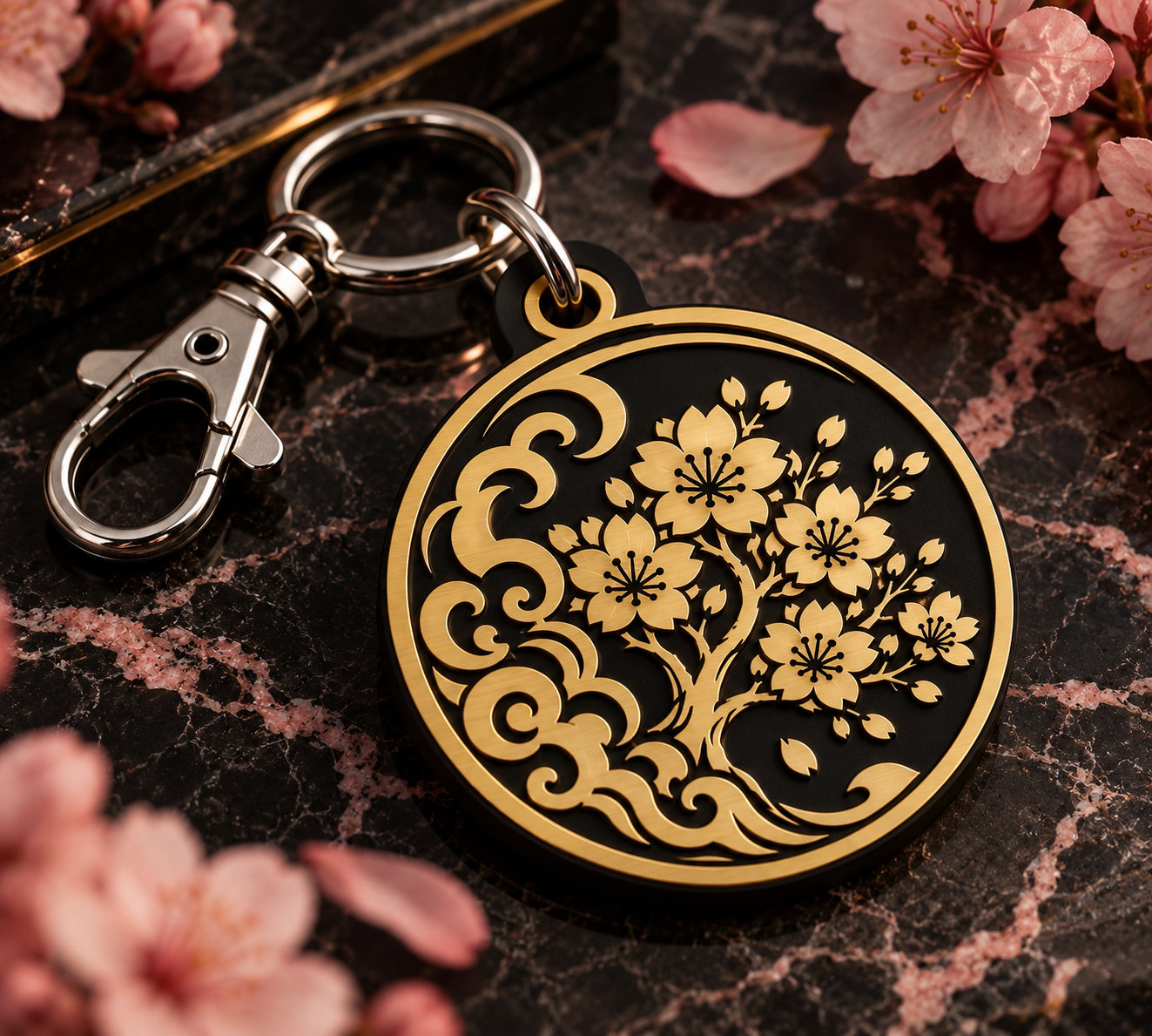 Round Countercurse emblem keychain with a cherry tree design, in black with a gold emblem, on dark marble with cherry blossoms; and beside a phone showing today's message, a Shirley Chisholm quote about bringing a folding chair