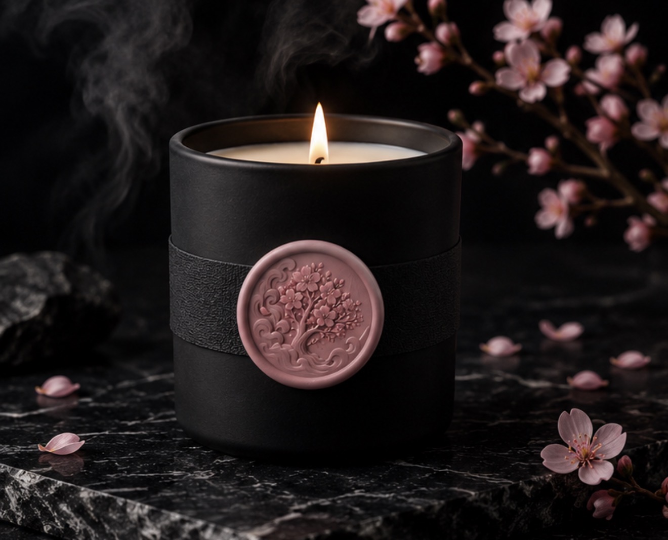 Black Cherry Blossom & Smoke candle with a blush cherry tree emblem, shown alongside its coordinating Countercurse gift box