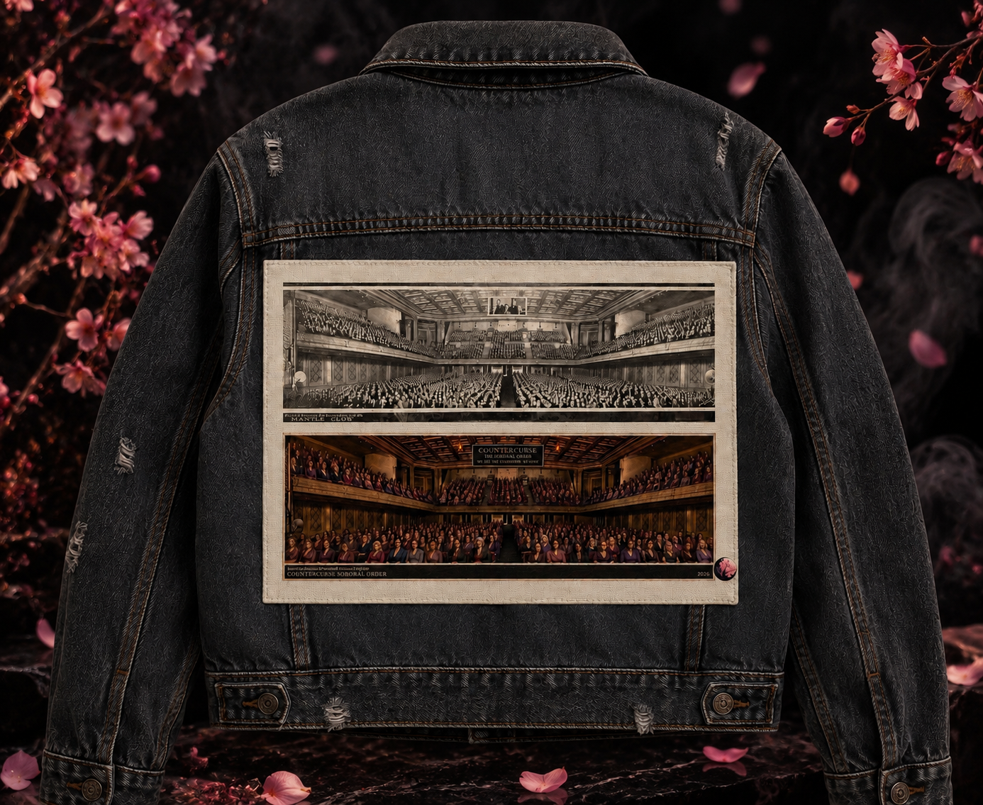 Reclaimed denim jacket printed with a diptych pairing a historic Mantle Club photograph of men with the Countercurse Sororal Order recreation showing women in the same hall