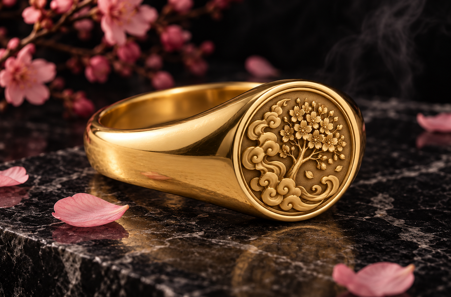 Gold-plated brass signet ring with the Countercurse cherry tree emblem, shown on marble, beside a wax-sealed envelope, and in a velvet jewelry box