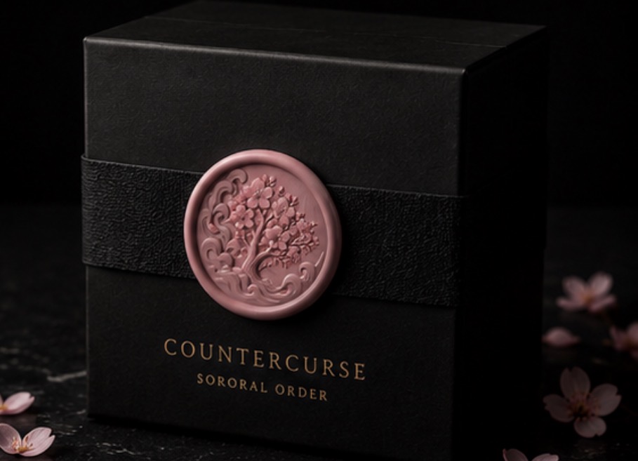 Black Cherry Blossom & Smoke candle with a blush cherry tree emblem, shown alongside its coordinating Countercurse gift box — view 2