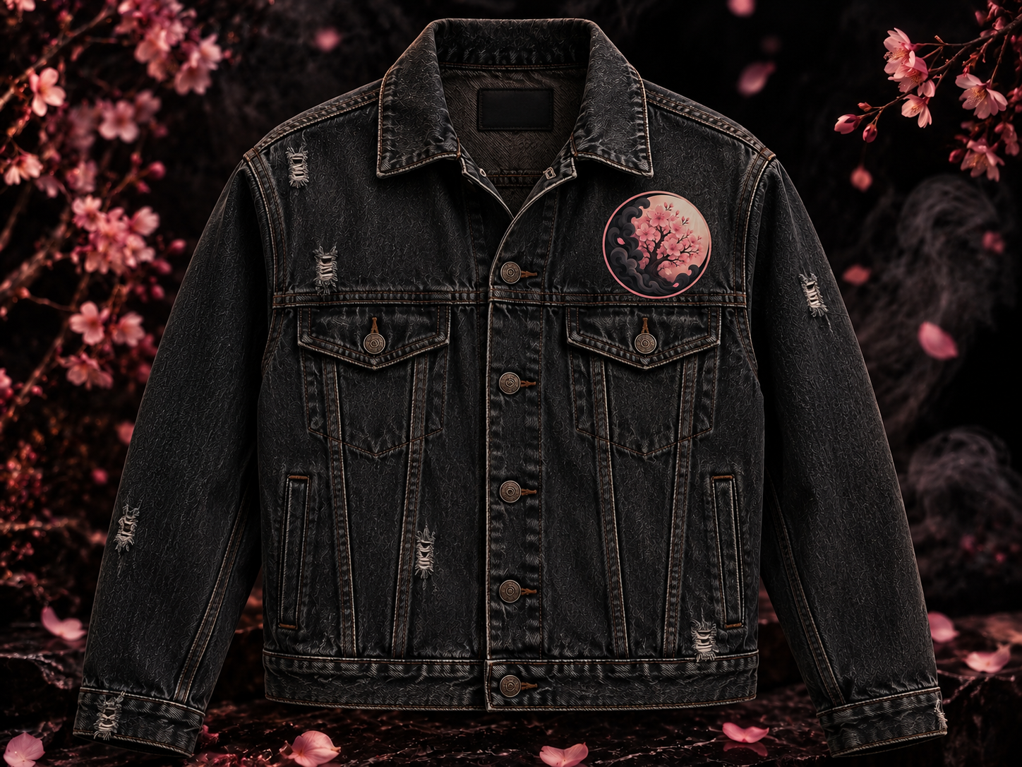 Reclaimed denim jacket printed with a diptych pairing a historic Mantle Club photograph of men with the Countercurse Sororal Order recreation showing women in the same hall — view 2