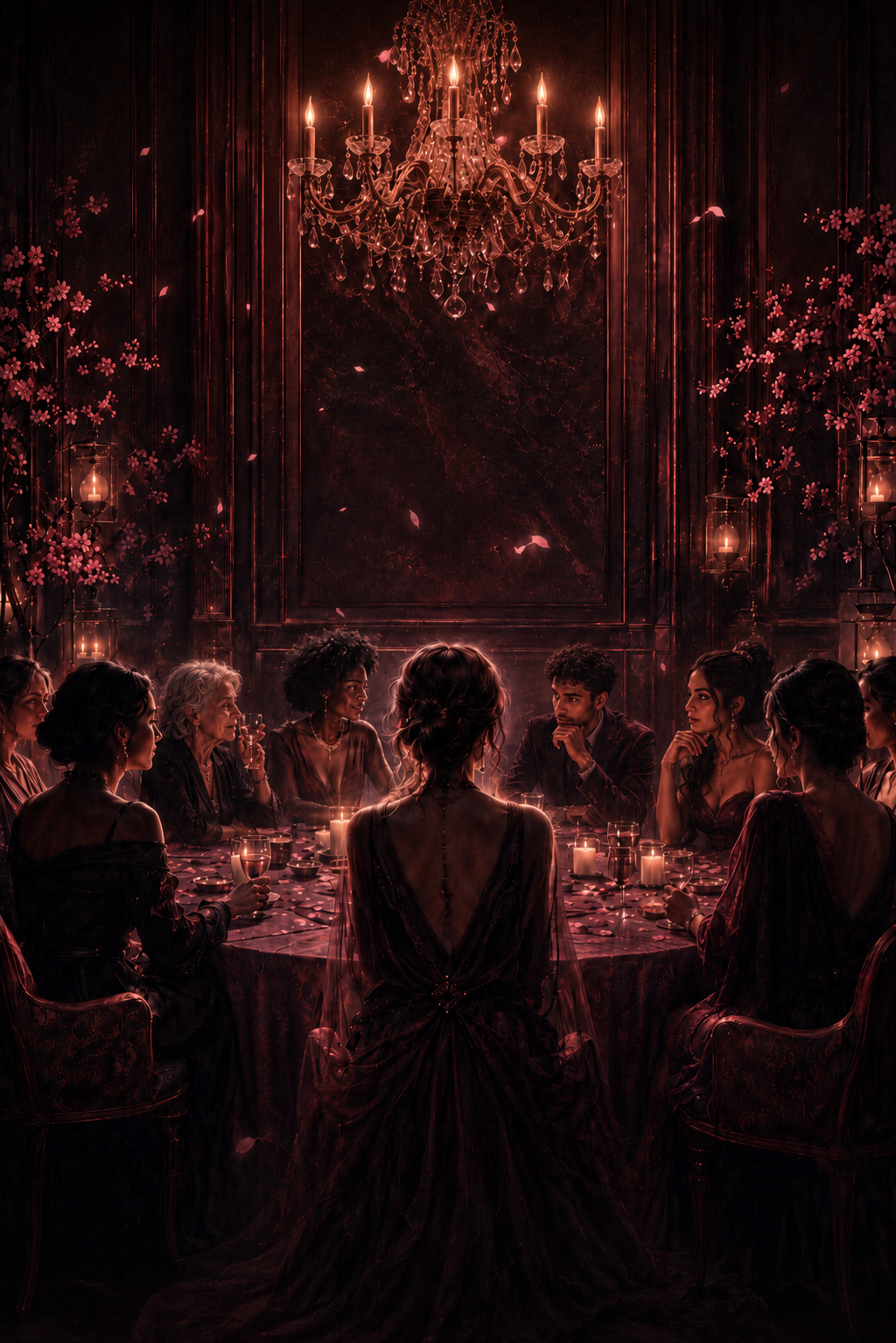 A candlelit gathering of women around a table beneath a chandelier, blossoms framing the room