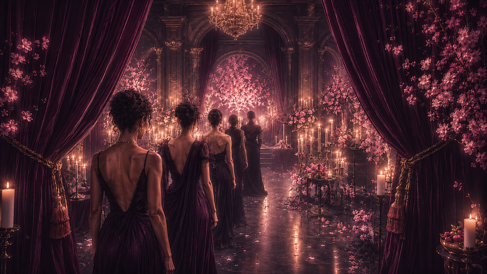 Women in flowing gowns walking through a candlelit, blossom-filled hall