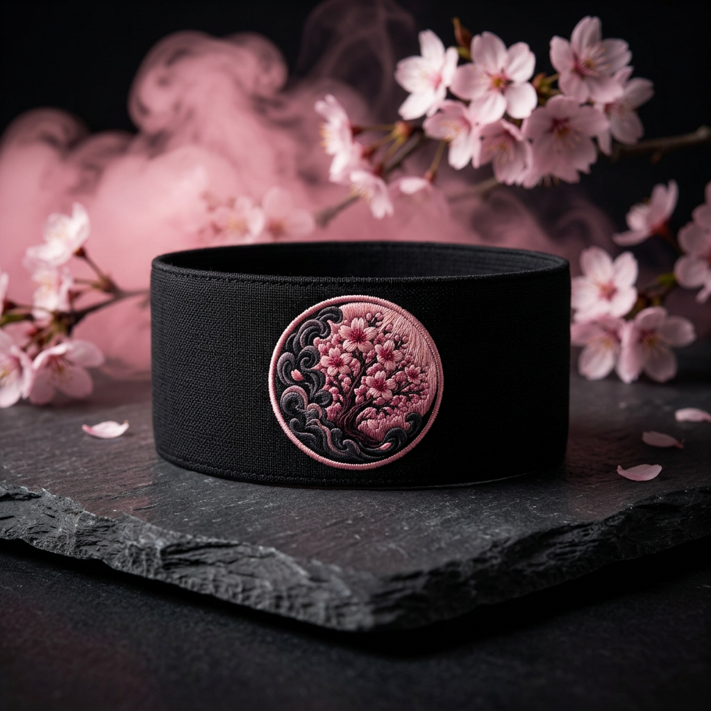 Matte black armband with a small embroidered blush cherry tree emblem centered on it