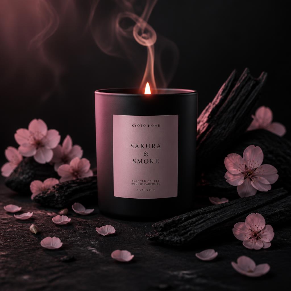 Lit black candle with a blush label surrounded by cherry blossoms and charred wood