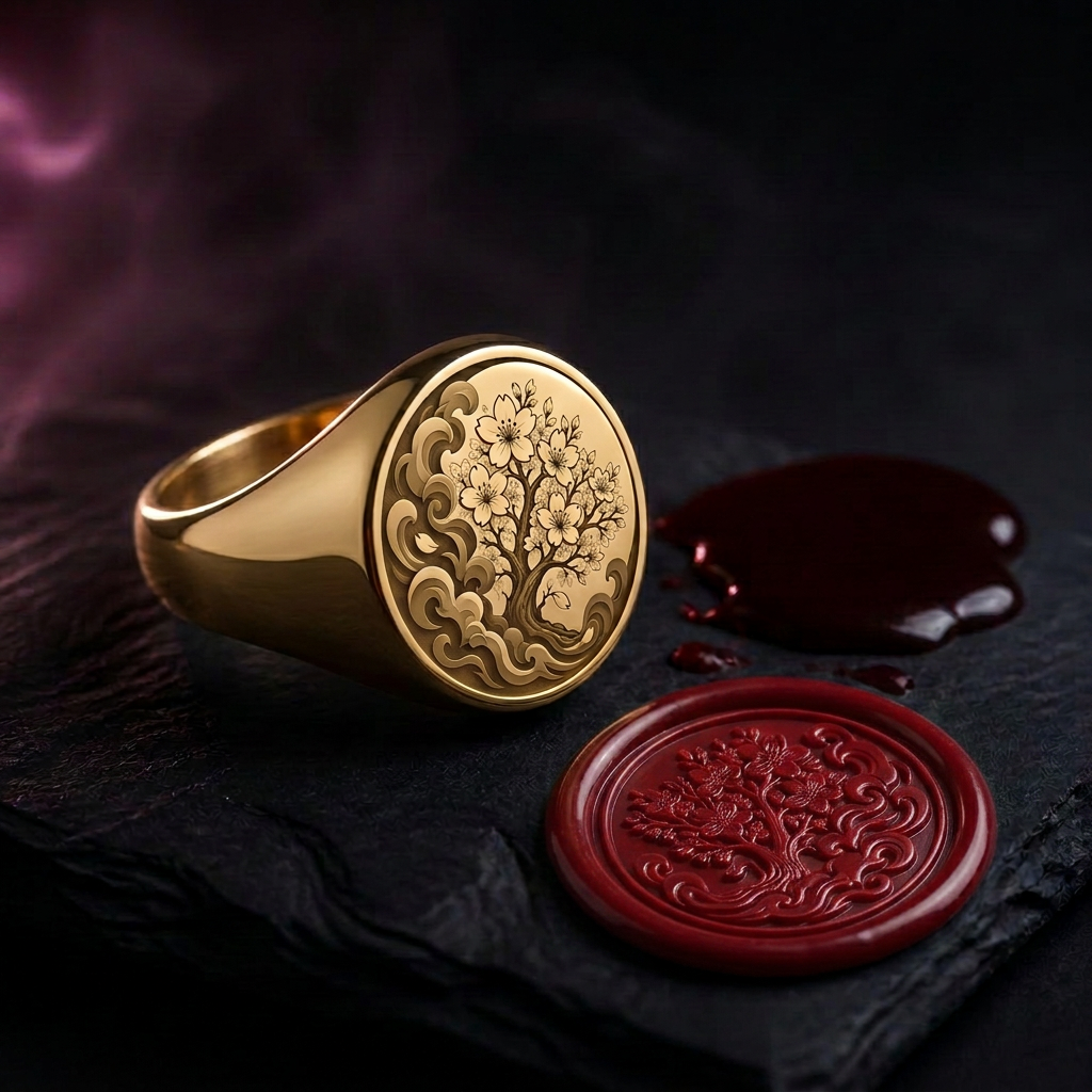 Gold signet ring engraved with the Countercurse cherry tree beside a dark red wax seal impression