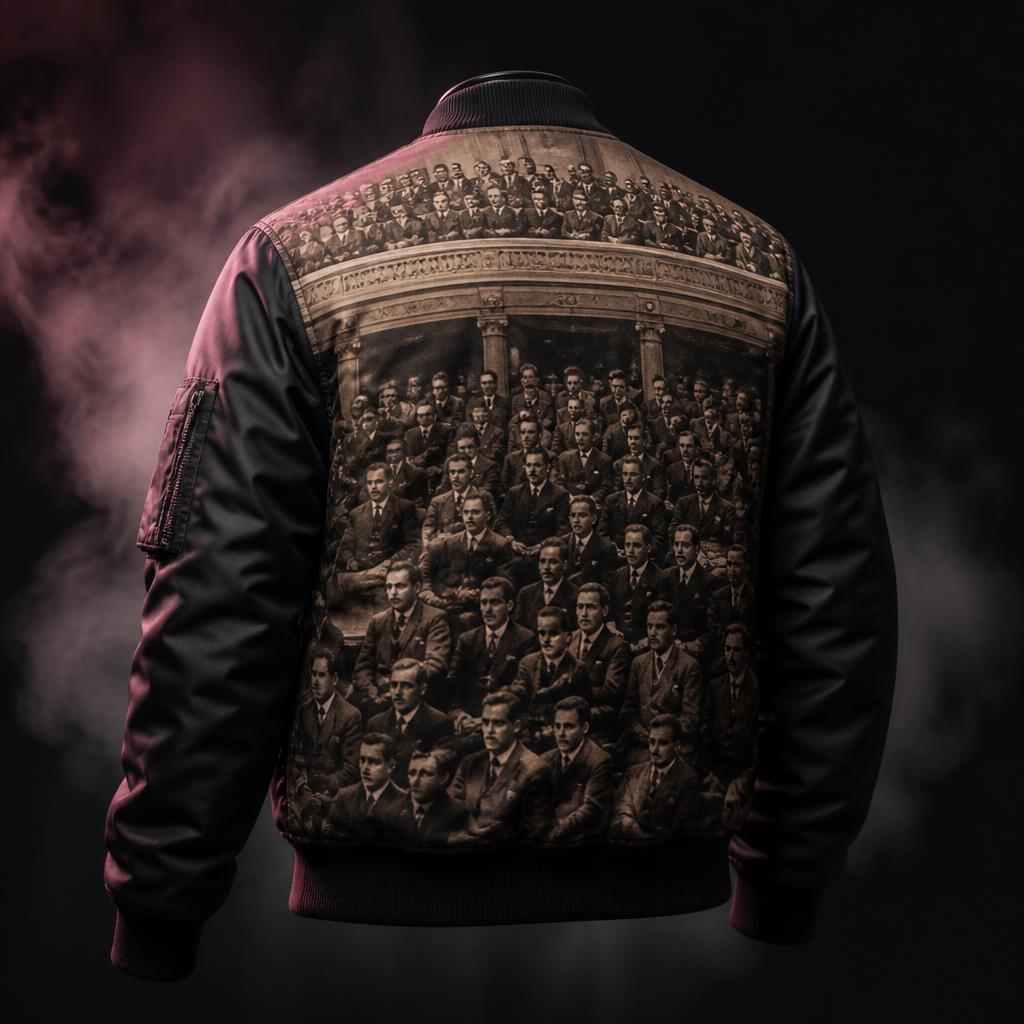 Black bomber jacket with a sepia archival photograph of a crowded balcony of men printed across the back panel