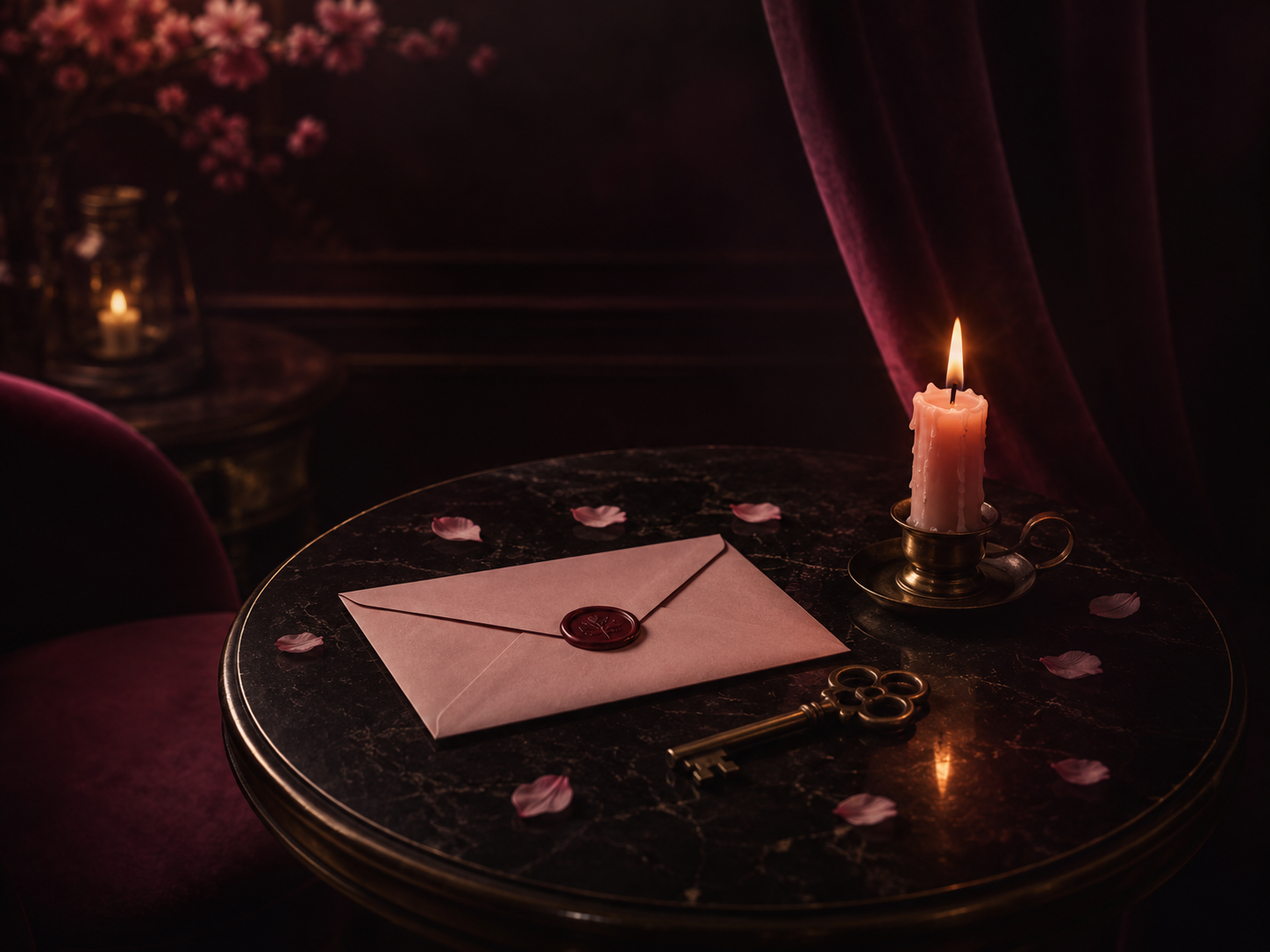 A wax-sealed envelope with a brass key, candle, and blossoms